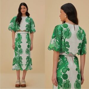 NEW FARM Rio Color Festival Green Blouse and Skirt Set Scalloped Linen Size S